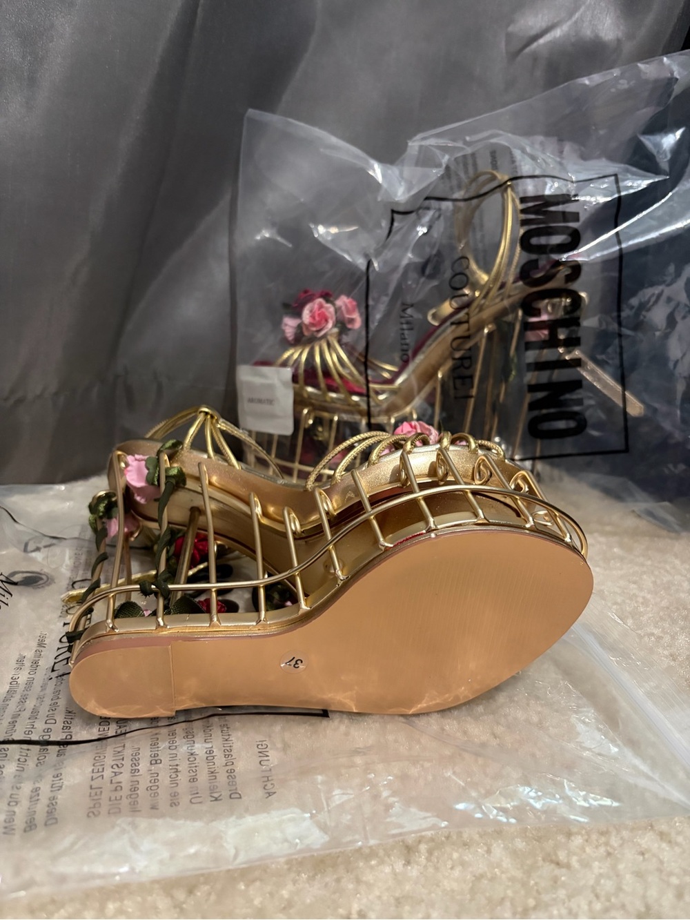Gold Cage Wedge Sandals with Red Velvet & Pink Flower Accents - Picture 3 of 5